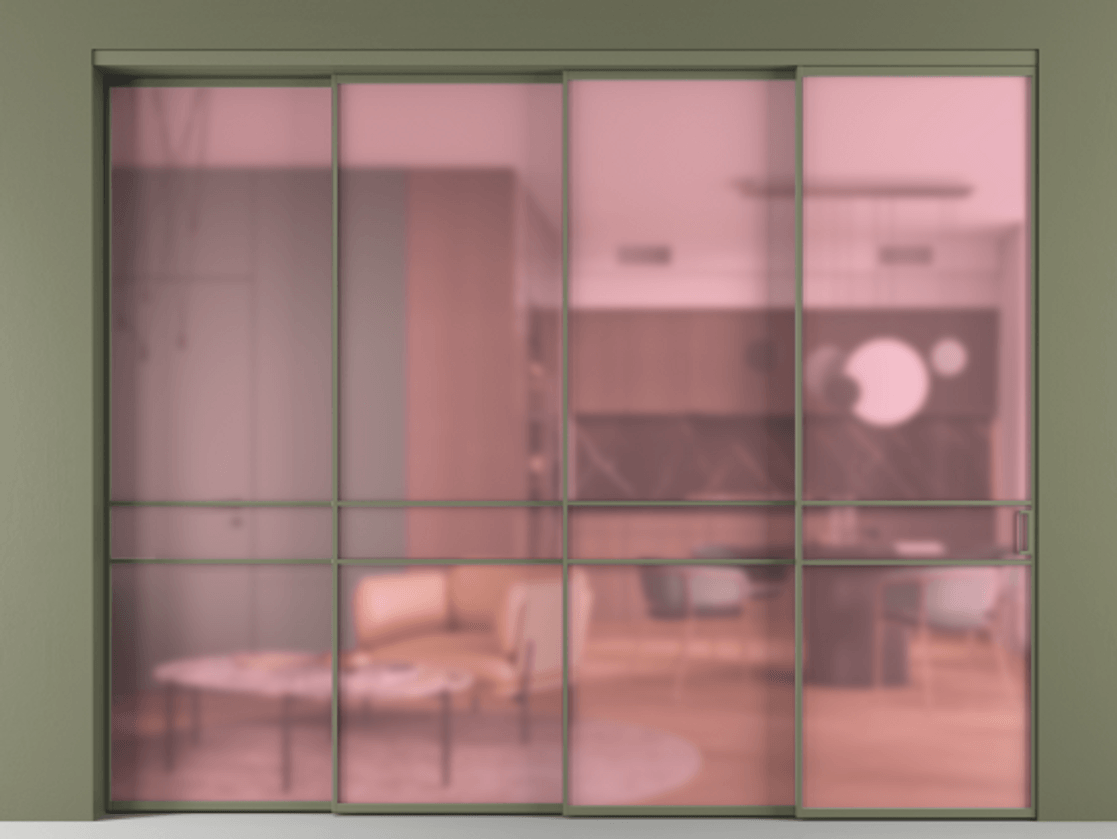 Перегородка Формато внутри проёма 4 створки с синхронным механизмом АЛПР 040.02 Алюминий оливковый тёмный Сатинированное розовое стекло, триплекс Цена 91086100 so'm | Volhovec