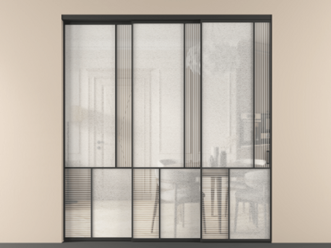 Перегородка Mosaic внутри проёма 3 створки с синхронным механизмом АЛПР 041.21 Алюминий Черный Рифлёное стекло "Дюна", триплекс, 6 мм + Фактурное стекло "Лёд", триплекс Цена 441070 ₽ | Volhovec