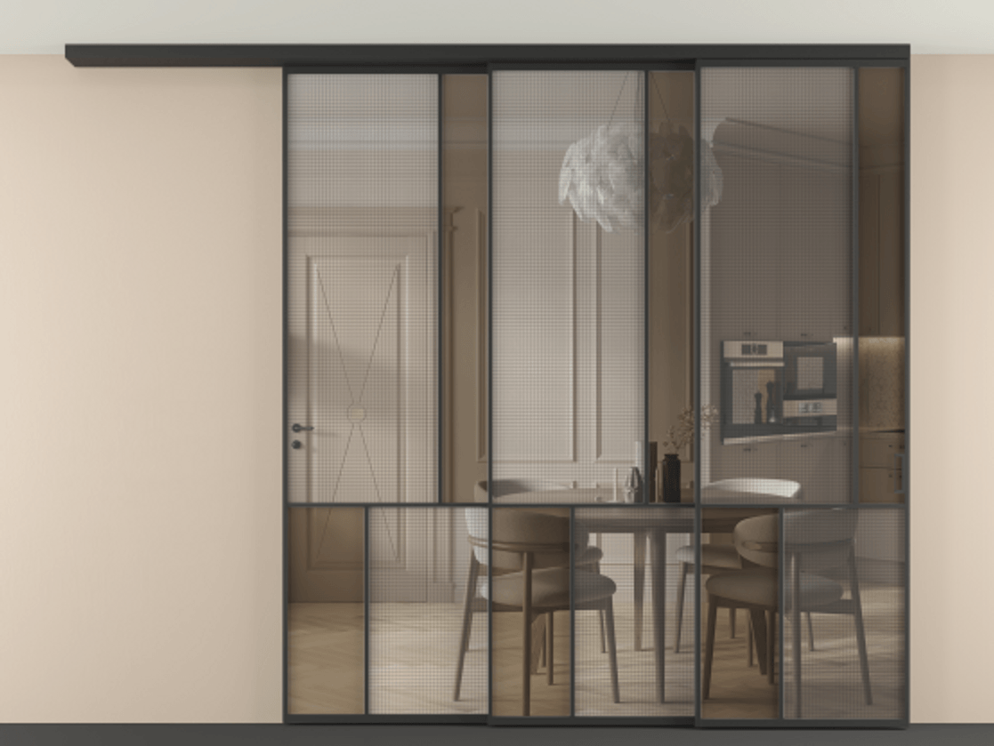 Перегородка Mosaic вдоль стены на потолок 3 створки с синхронным механизмом АЛПР 041.21 Алюминий Черный Декоративное стекло с сеткой "Mesh silver", триплекс, 6 мм + Прозрачное бронзовое стекло, триплекс Цена 492680 ₽ | Volhovec