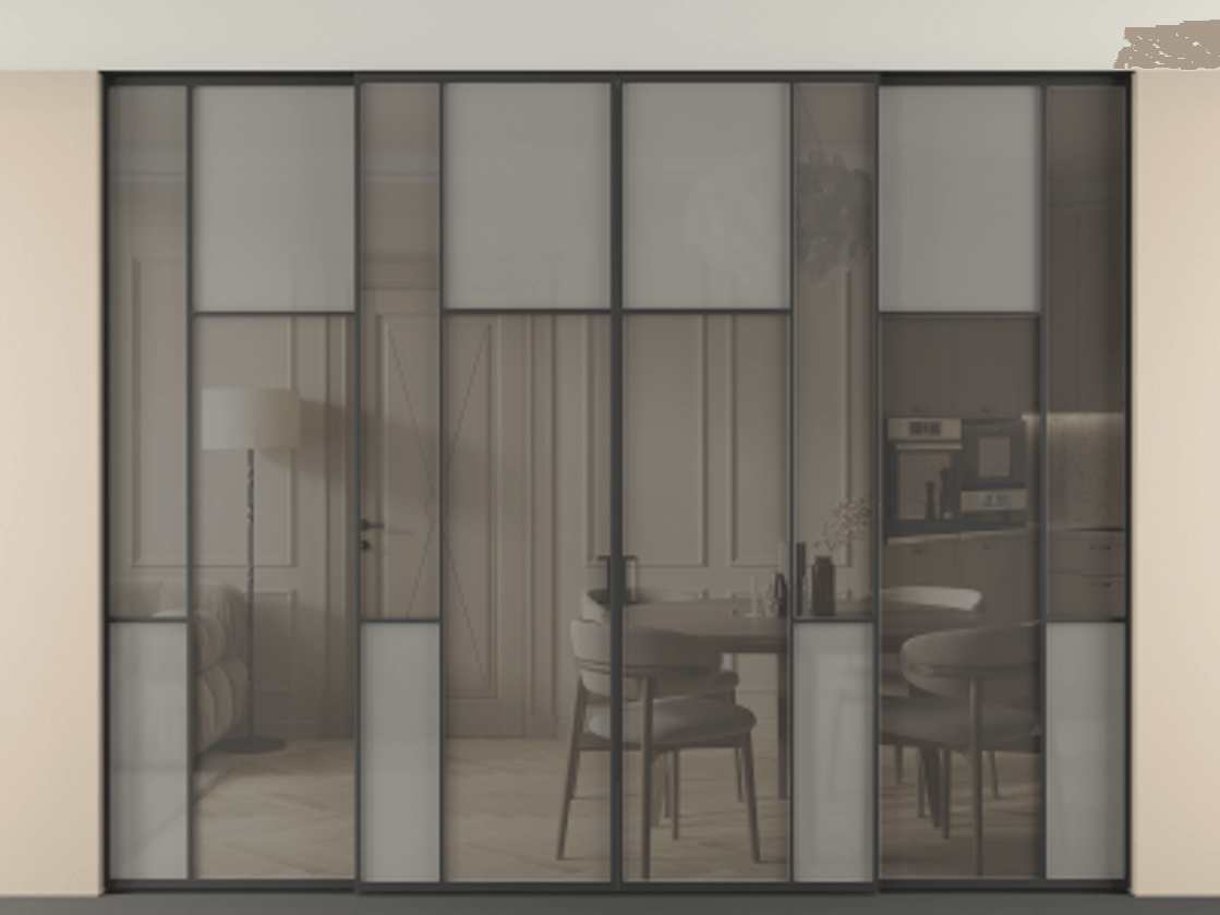 Перегородка Mosaic внутри проёма скрытое крепление в потолок 4 створки АЛПР 041.10 Алюминий Черный Сатинированное серое стекло, триплекс, 6 мм + Прозрачное серое стекло, триплекс Цена 574140 ₽ | Volhovec