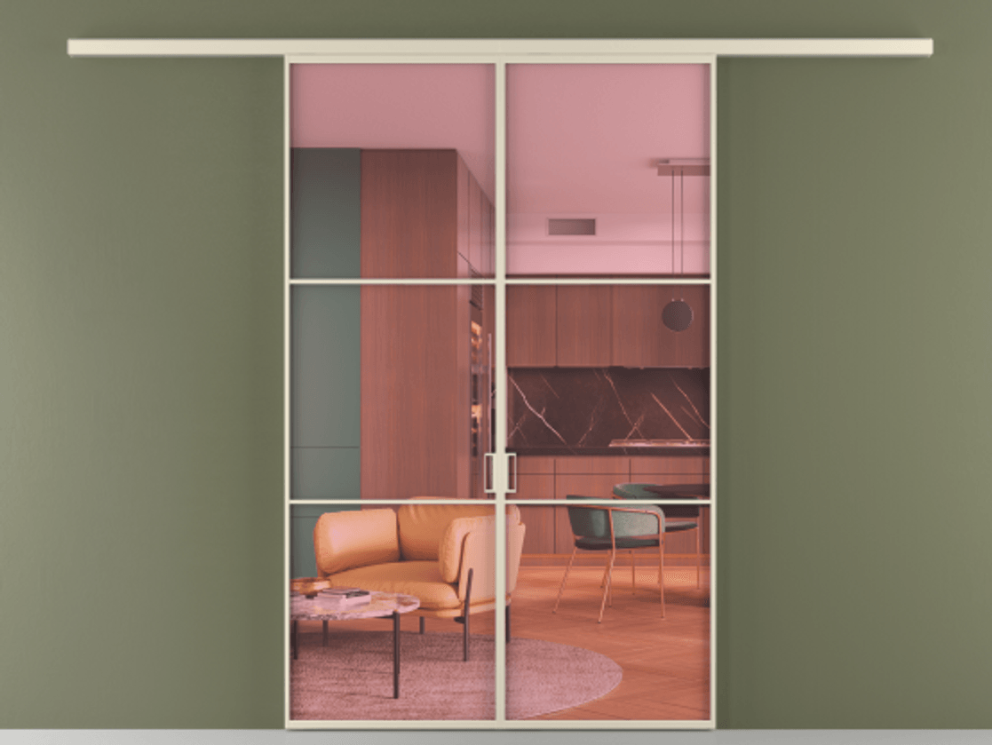 Перегородка Формато вдоль стены 2 створки АЛПР 040.03 Алюминий бежево-серый Прозрачное розовое стекло, триплекс Цена 39676350 so'm | Volhovec