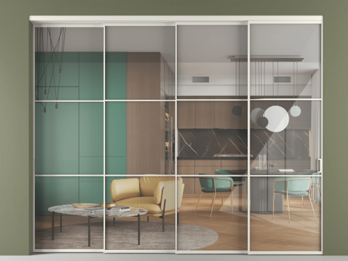 Перегородка Формато внутри проёма 4 створки с синхронным механизмом АЛПР 040.03 Алюминий Белый Рефлективное прозрачное стекло "Стопсол", калёное. Скрытый короб БЕЛ Цена 485580 ₽ 1. Полотно 4 шт. (800/2100 мм)
2. Комплект установки раздвижной системы
3. Базовый комплект фурнитуры
4. Комплект фурнитуры телескопик синхро-3
5. Ручка Рондо. Фабрика дверей Волховец 8 (800) 551 43 19 Перегородка Формато внутри проёма 4 створки с синхронным механизмом АЛПР 040.03 Алюминий Белый Рефлективное прозрачное стекло "Стопсол", калёное Цена 485580 ₽ | Volhovec