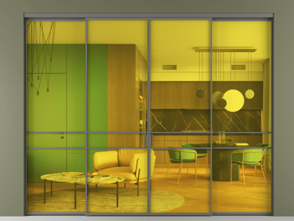 Перегородка Формато внутри проёма 4 створки АЛПР 040.02 Алюминий классический серый Прозрачное жёлтое стекло, триплекс Цена 65386300 so'm  | Volhovec