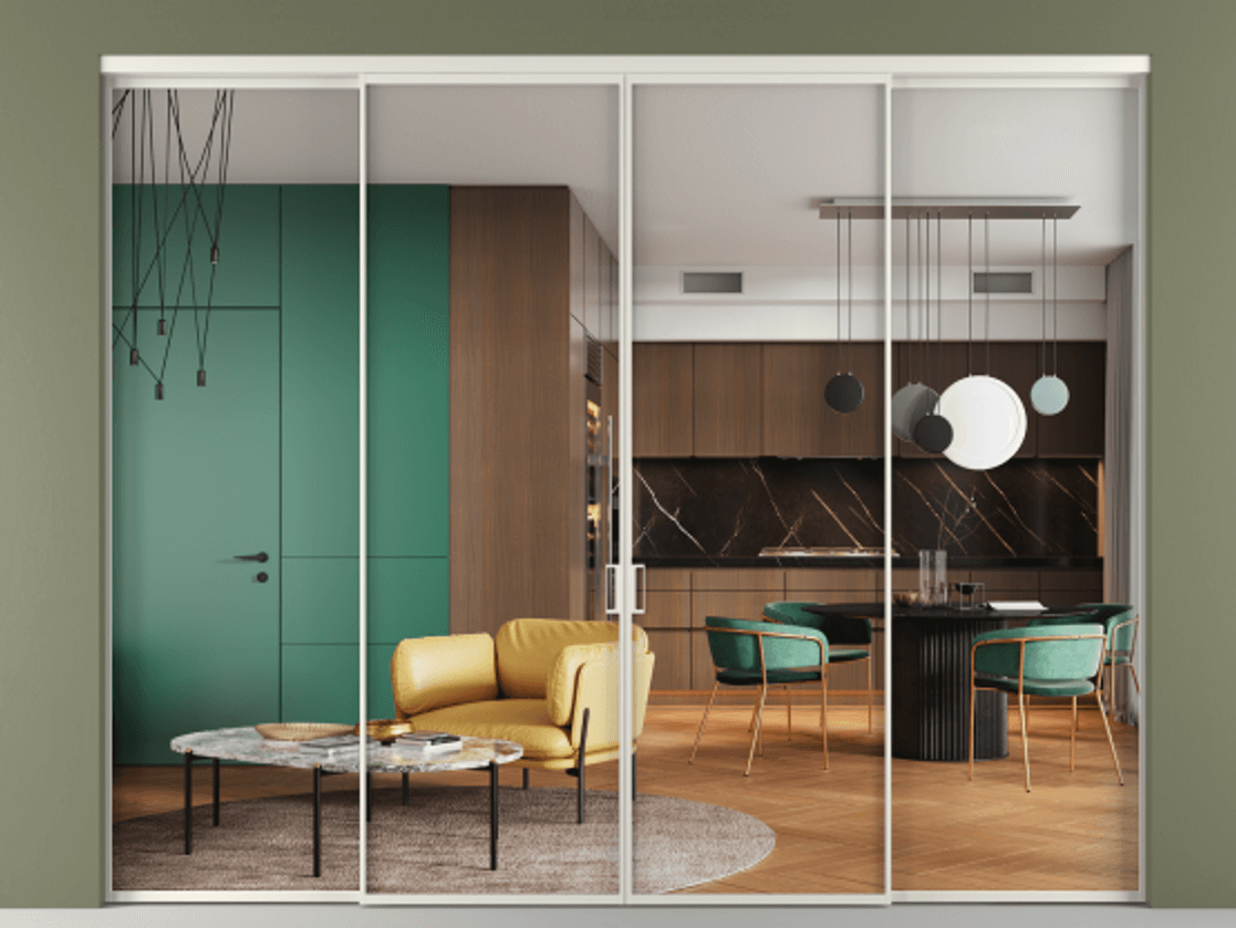 Перегородка Formato внутри проёма 4 створки АЛПР 040.01 Алюминий Белый Прозрачное стекло "Crystal Vision", калёное Цена 392400 ₽  | Volhovec