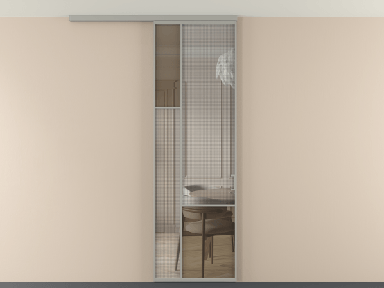 Алюминевая перегородка vdp1_6_АНСР_MS+Бронза триплекс_new. Цвет Алюминий нейтральный серый. Материал Алюминий в эмали. Коллекция Перегородка Mosaic вдоль стены на потолок 1 створка. Картинка.