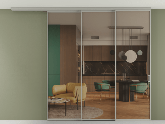 Алюминевая перегородка АЛПР 040.01_АНСР_Бронза триплекс_new. Цвет Алюминий нейтральный серый. Материал Алюминий в эмали. Коллекция Перегородка Формато вдоль стены на потолок 3 створки с синхронным механизмом. Картинка.