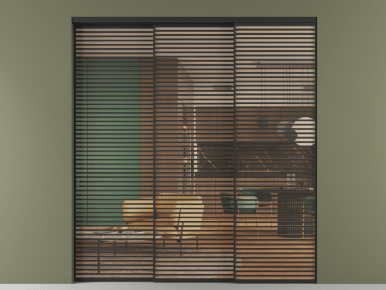 Алюминевая перегородка АЛПР 040.07_ЧРН_ПРОЗ ОРАНЖ_new. Цвет Алюминий Черный. Материал Алюминий. Коллекция Перегородка Formato внутри проёма 3 створки с синхронным механизмом. Картинка.