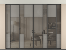 Алюминевая перегородка vntp4_5 ЧЕР. Цвет Алюминий Черный. Материал Алюминий. Коллекция Перегородка Mosaic внутри проёма скрытое крепление в потолок 4 створки. Картинка.